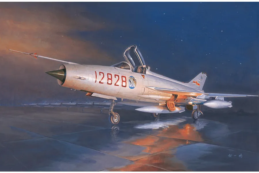 An artistic illustration of a J-7G fighter jet parked on a wet tarmac at dusk, featuring the number 12828 on its fuselage.