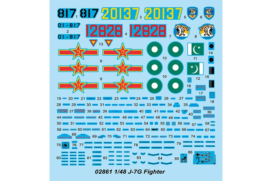 A decal sheet for a 1/48 scale Trumpeter J-7G fighter jet model kit, featuring various national insignia, numbers, and technical markings.