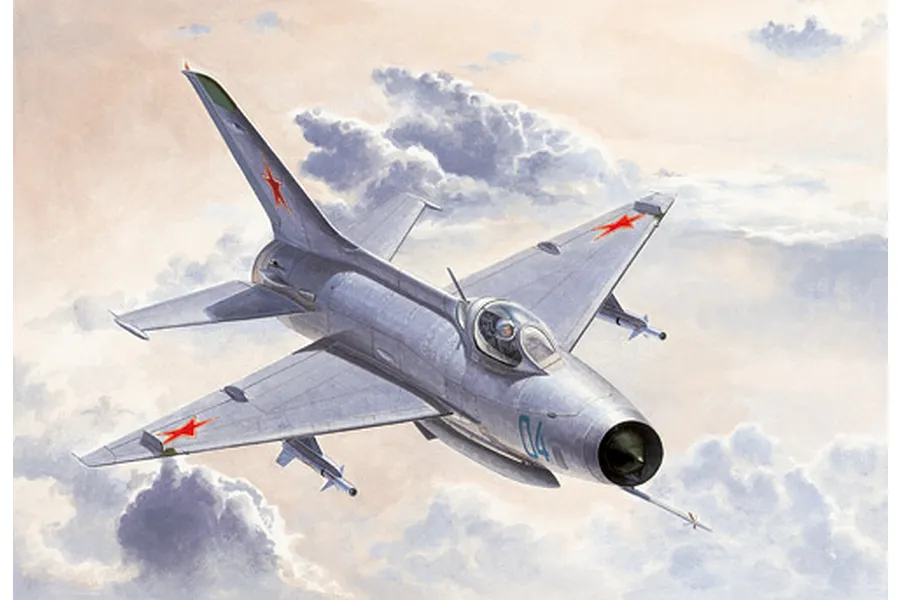 An artistic illustration of a silver MiG-21F-13 fighter jet flying through a cloudy sky, featuring red star markings on the wings and tail.