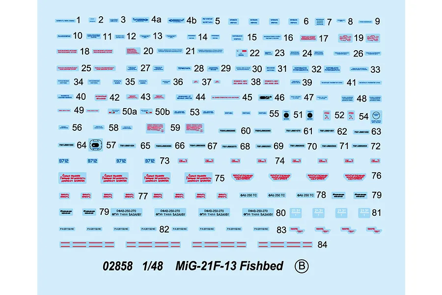 A decal sheet for a 1/48 scale Trumpeter MiG-21F-13 Fishbed model kit, featuring numerous numbered stencils and markings on a light blue backing paper.