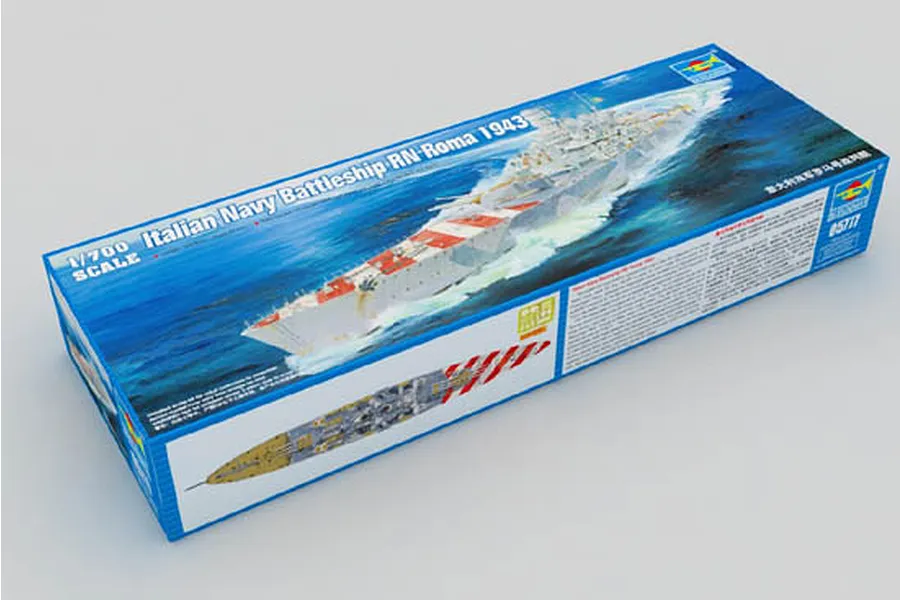 Trumpeter 1/700 scale Italian Navy Battleship RN Roma 1943 plastic model kit box showing artwork of the ship at sea.