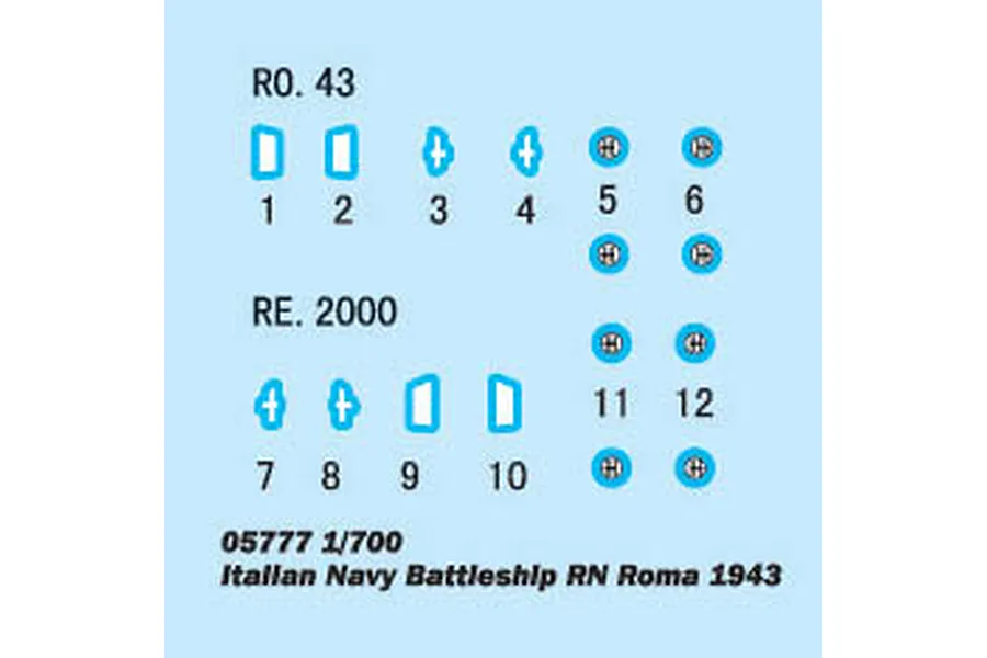 A decal sheet for the Trumpeter 1/700 scale Italian Battleship RN Roma 1943 model kit, showing various aircraft markings and identification numbers.