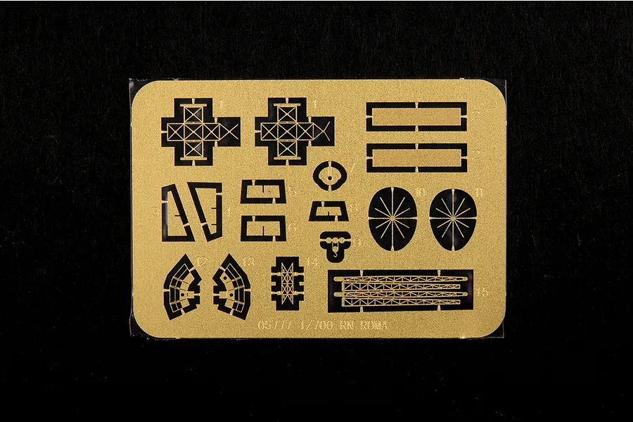 A photo-etched brass fret for the Trumpeter 1/700 scale RN Roma battleship model kit, featuring various small ship detail parts.