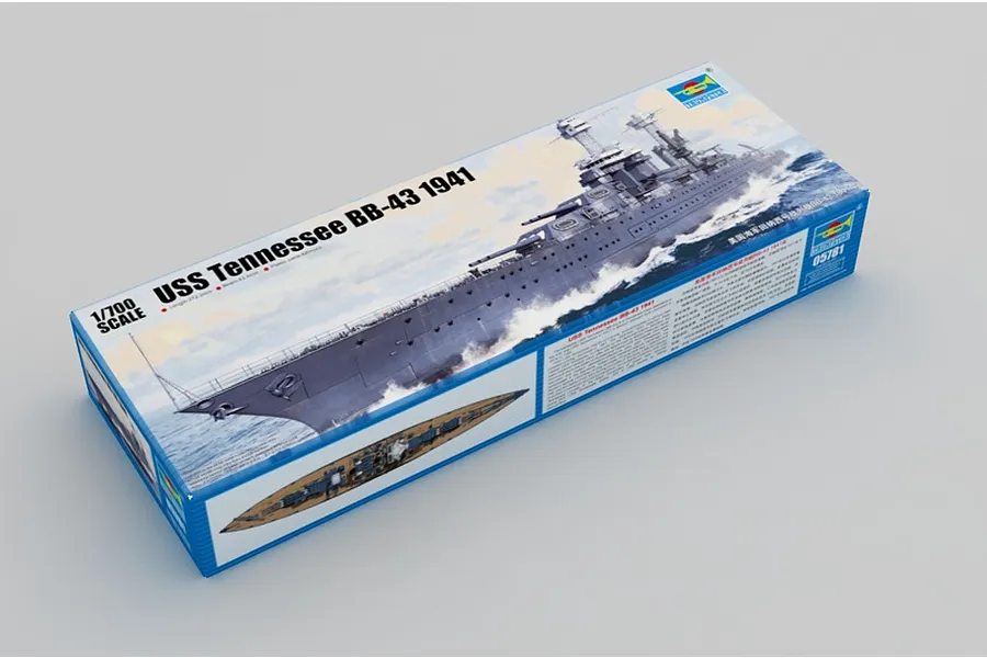 Trumpeter 1/700 scale USS Tennessee BB-43 1941 battleship plastic model kit box showing artwork of the ship at sea.