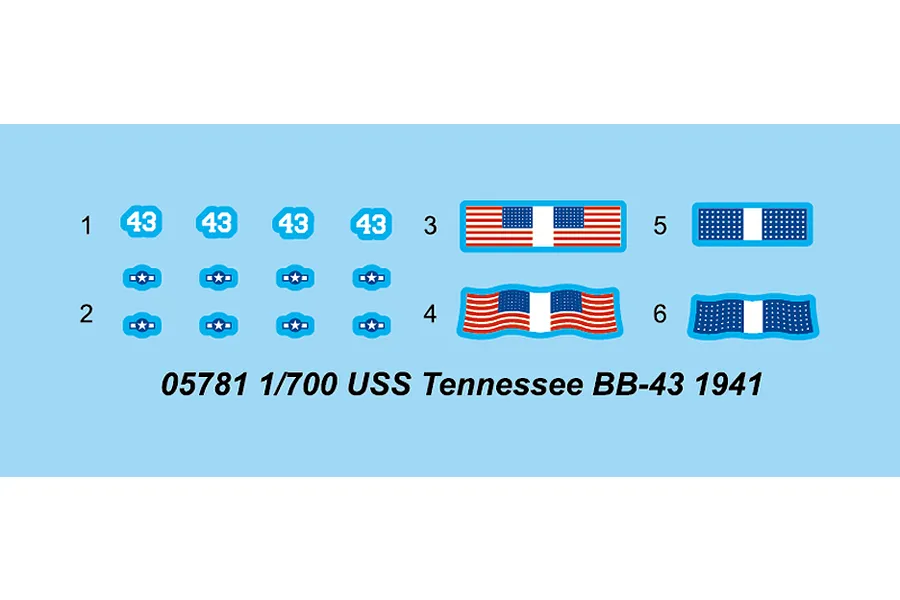 A digital decal sheet for a 1/700 scale Trumpeter USS Tennessee model kit, featuring ship numbers, US flags, and insignia on a light blue background.