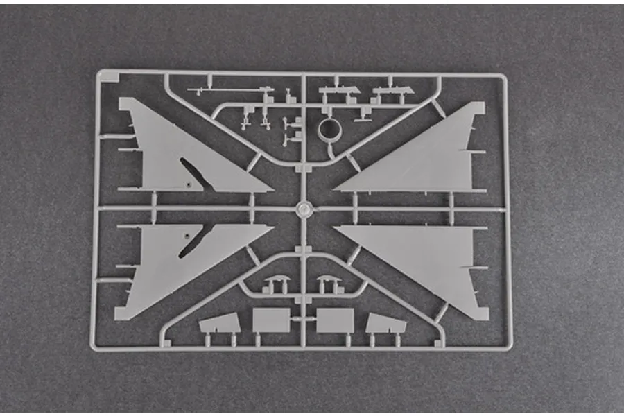 A grey plastic sprue from a Trumpeter 1/48 scale model kit containing aircraft wing and control surface parts.