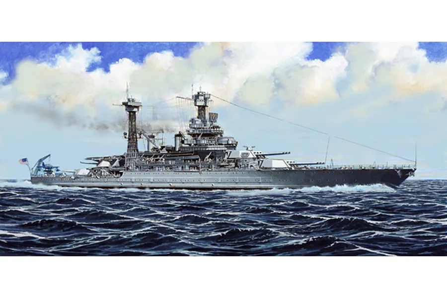 An artistic illustration of the USS California BB-44 battleship at sea, showing the ship in profile against a cloudy blue sky.