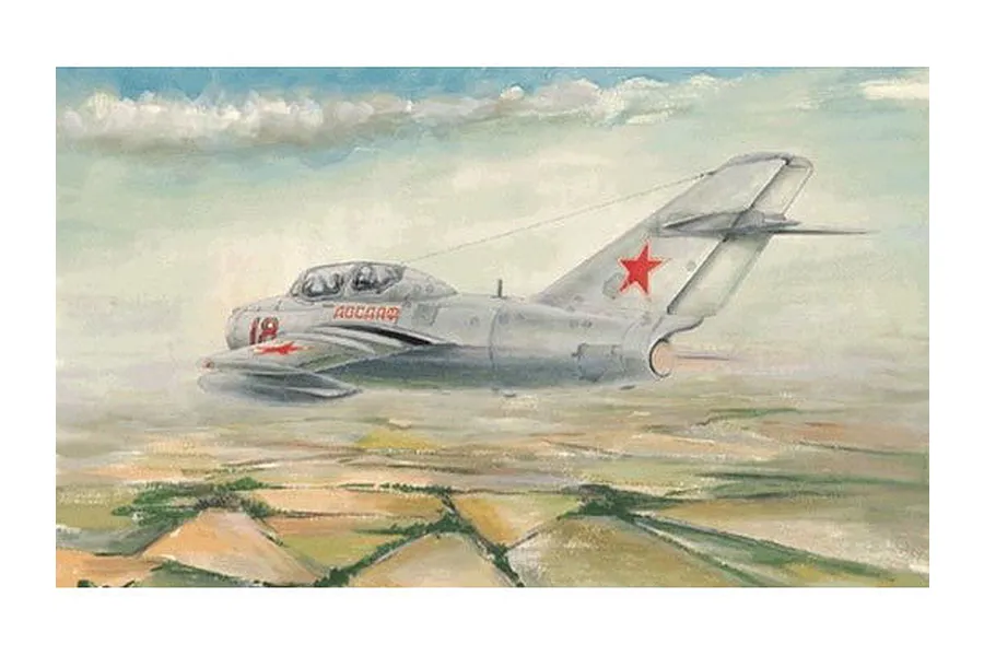 An artistic painting of a silver MiG-15 UTI jet flying over a rural landscape with a cloudy sky.