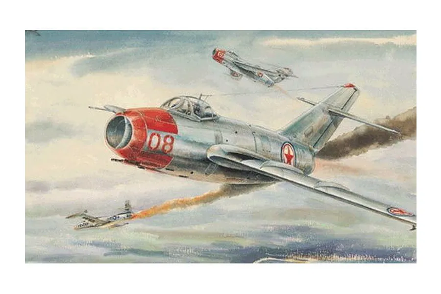 Box art illustration of MiG-15 fighter jets in aerial combat over a cloudy landscape.