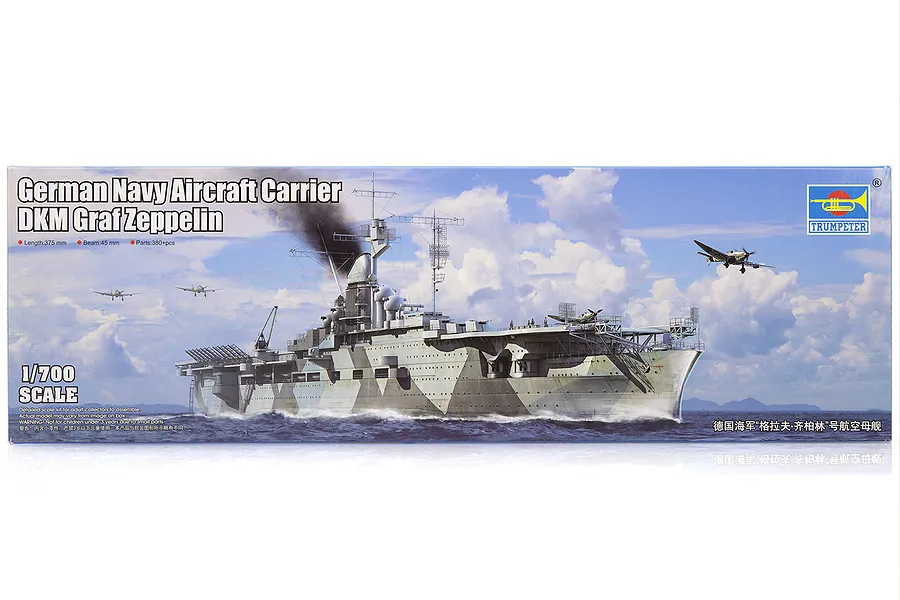 Trumpeter 1/700 scale German DKM Graf Zeppelin aircraft carrier plastic model kit box art showing the ship at sea with aircraft.