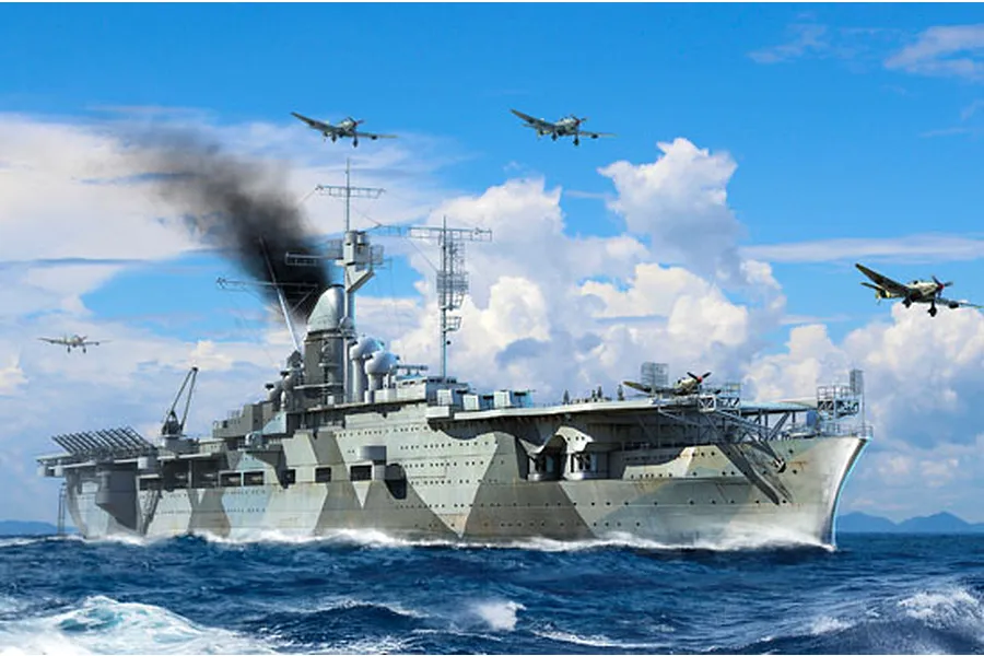 An artistic illustration of the German aircraft carrier Graf Zeppelin at sea with several propeller aircraft flying above it.