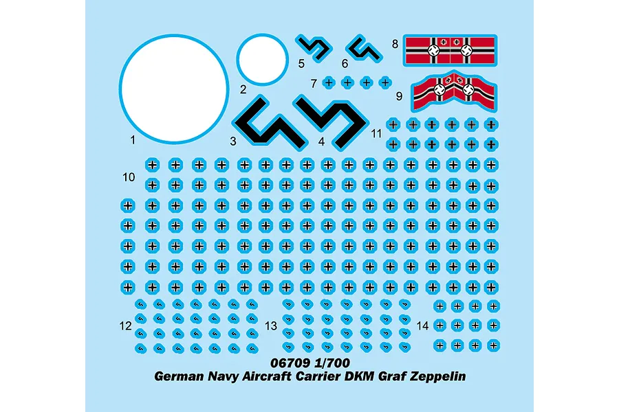 A decal sheet for a 1/700 scale Trumpeter DKM Graf Zeppelin model kit, featuring various German naval insignia, crosses, and markings on a light blue background.