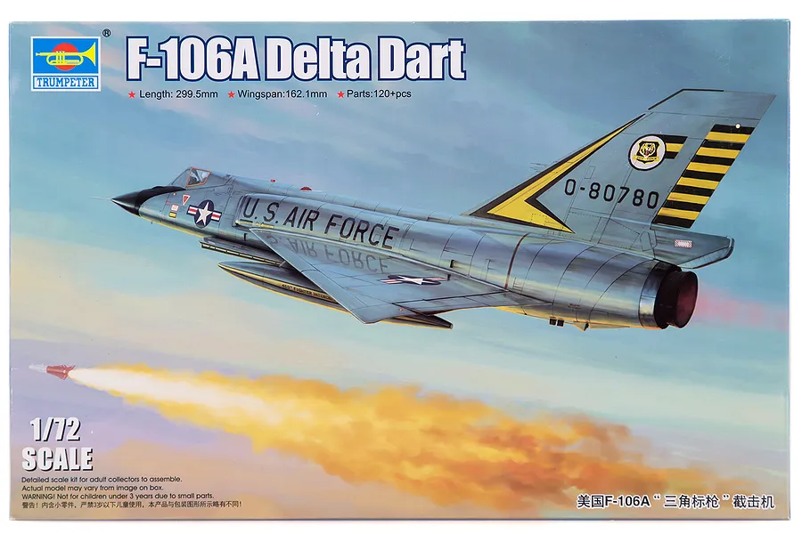 The box art for a Trumpeter 1/72 scale F-106A Delta Dart plastic model kit, featuring an illustration of the fighter jet in flight against a sunset sky.