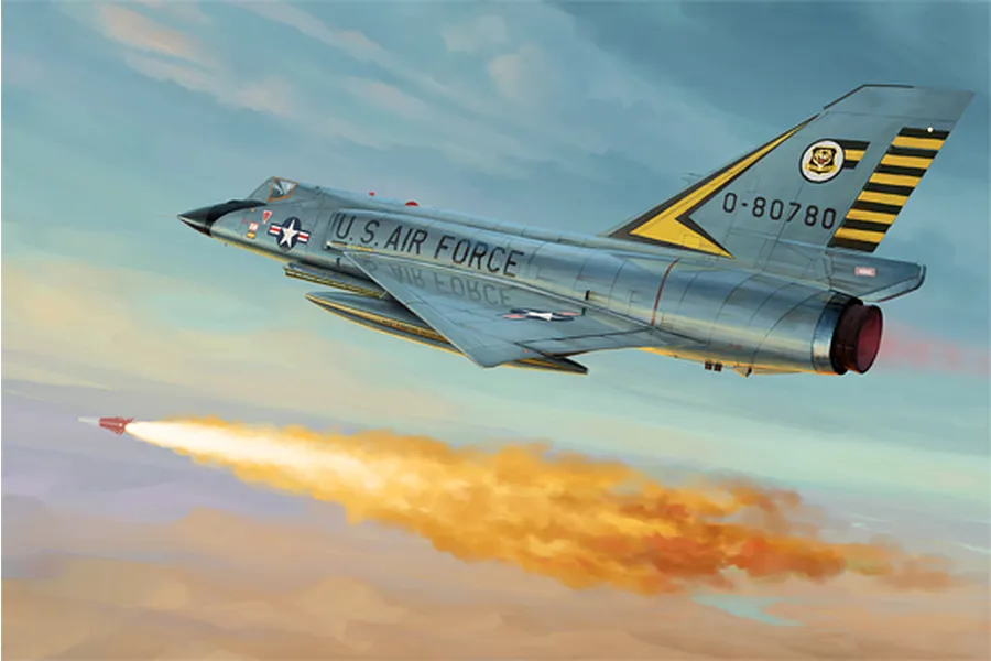 Box art illustration of a US Air Force F-106A Delta Dart fighter jet in flight, firing a missile over a landscape.
