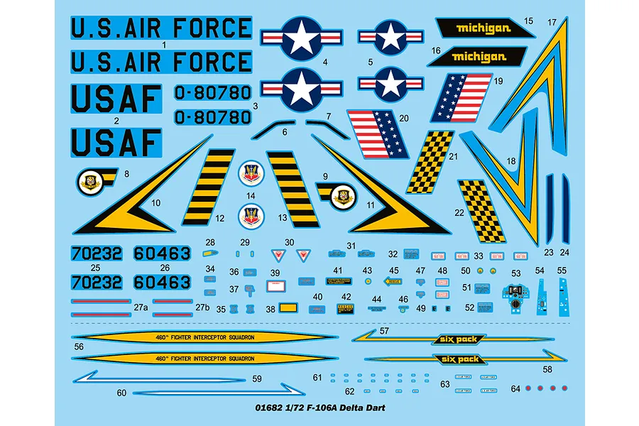 A decal sheet for a 1/72 scale Trumpeter F-106A Delta Dart model kit, featuring various USAF markings, squadron emblems, and yellow and black checkered patterns.