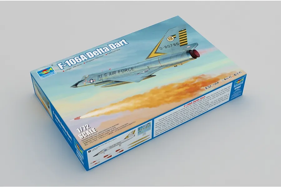 Trumpeter 1/72 scale F-106A Delta Dart plastic model kit box showing artwork of the jet in flight.