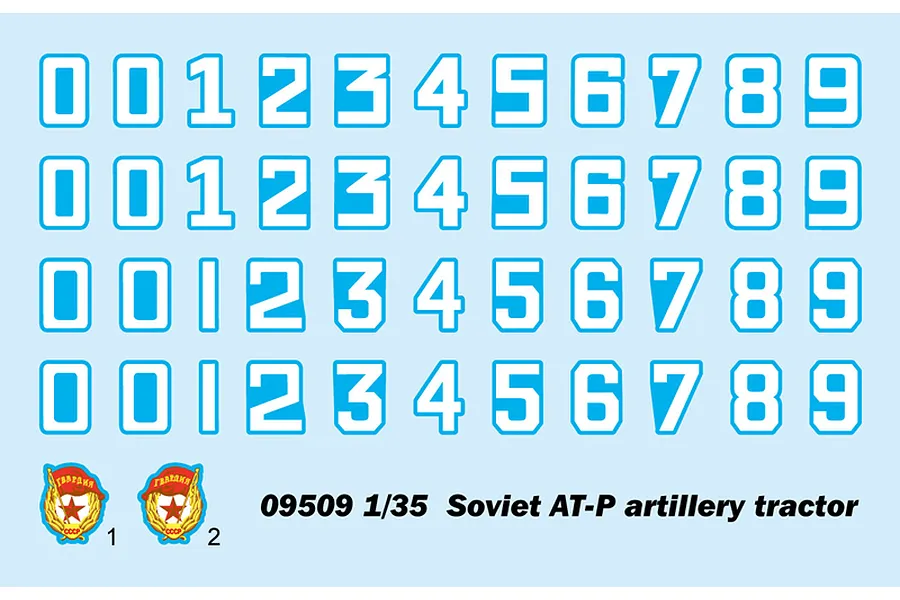 A decal sheet for the Trumpeter 1/35 Soviet AT-P artillery tractor model kit, featuring four rows of numbers 0-9 and two Soviet Guard badges.