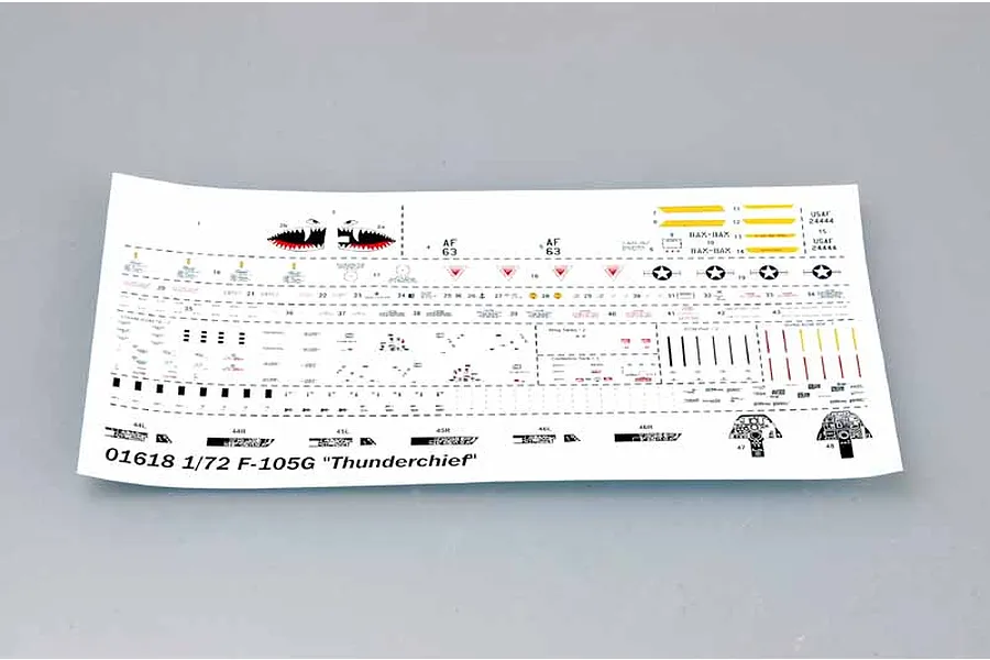 A decal sheet for a 1/72 scale Trumpeter F-105G Thunderchief model kit, featuring various markings, instrument panels, and a shark mouth design.