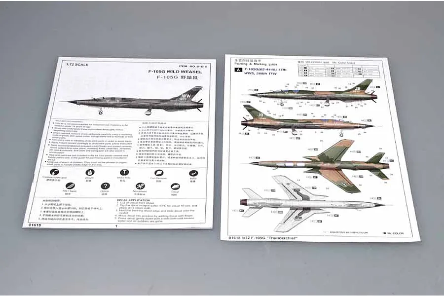 Instruction manual and painting guide for the Trumpeter 1/72 scale F-105G Wild Weasel model kit, laid flat on a grey surface.