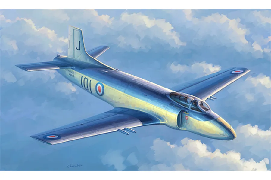 An artistic illustration of a Supermarine Attacker jet flying above clouds, featuring Royal Navy markings and the number 101 on the fuselage.