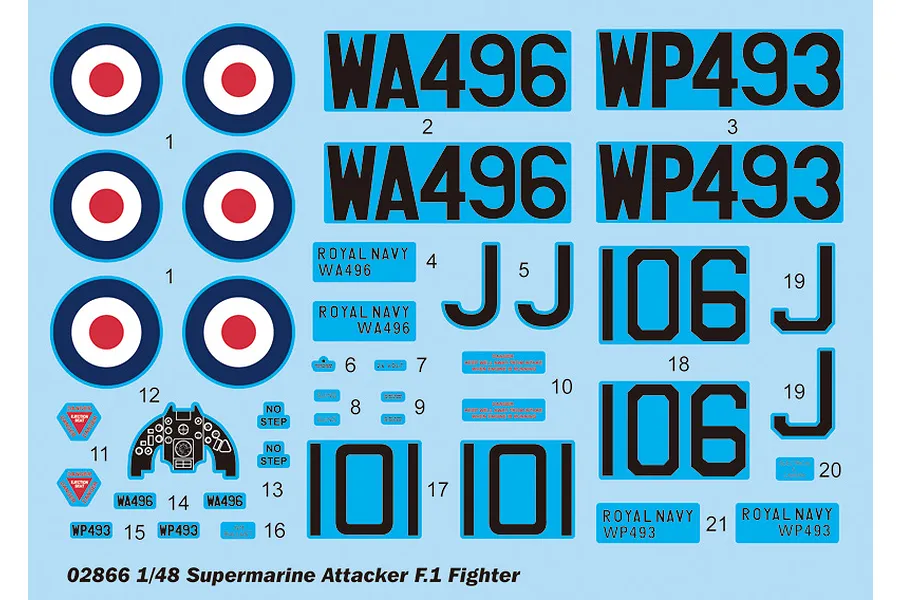 A decal sheet for a 1/48 scale Trumpeter Supermarine Attacker F.1 model kit, featuring RAF roundels, serial numbers, and instrument panel markings.