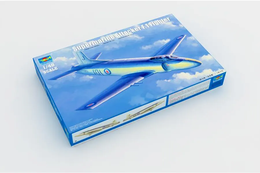 A Trumpeter 1/48 scale Supermarine Attacker F.1 plastic model kit box showing an illustration of the fighter jet in flight against a blue sky.