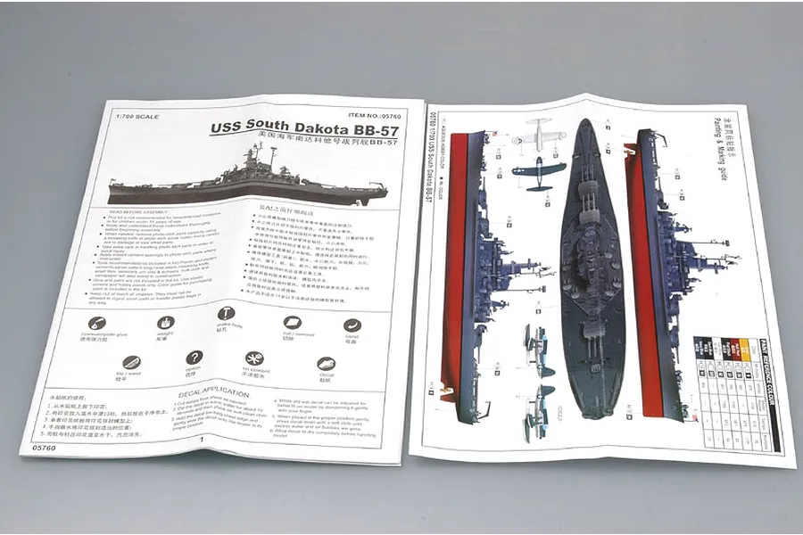 Instruction manual for Trumpeter 1/700 scale USS South Dakota BB-57 battleship model kit, showing assembly guides and painting diagrams.