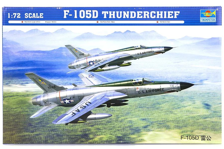 Box art for a Trumpeter 1/72 scale F-105D Thunderchief plastic model kit featuring two fighter jets flying over a landscape.
