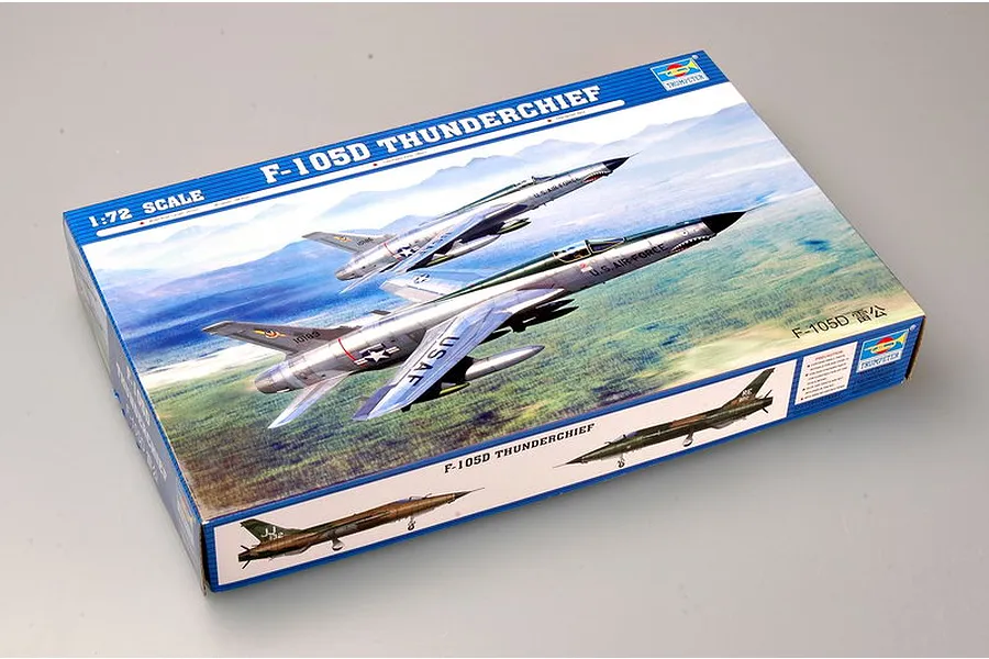 Trumpeter 1/72 scale F-105D Thunderchief plastic model kit box showing artwork of two fighter jets in flight over a landscape.