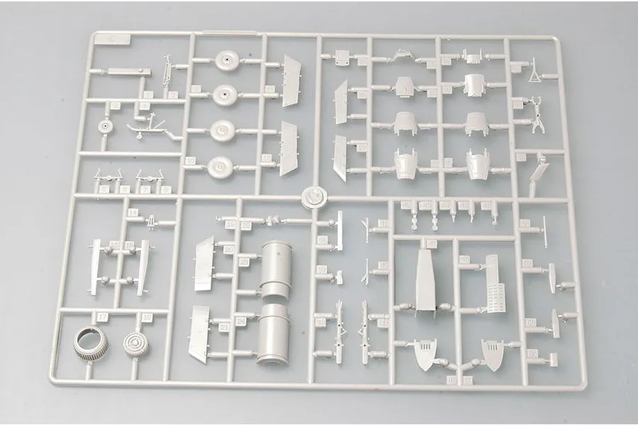 A grey plastic sprue containing various unpainted model aircraft parts for a 1/72 scale F-105D Thunderchief model kit.