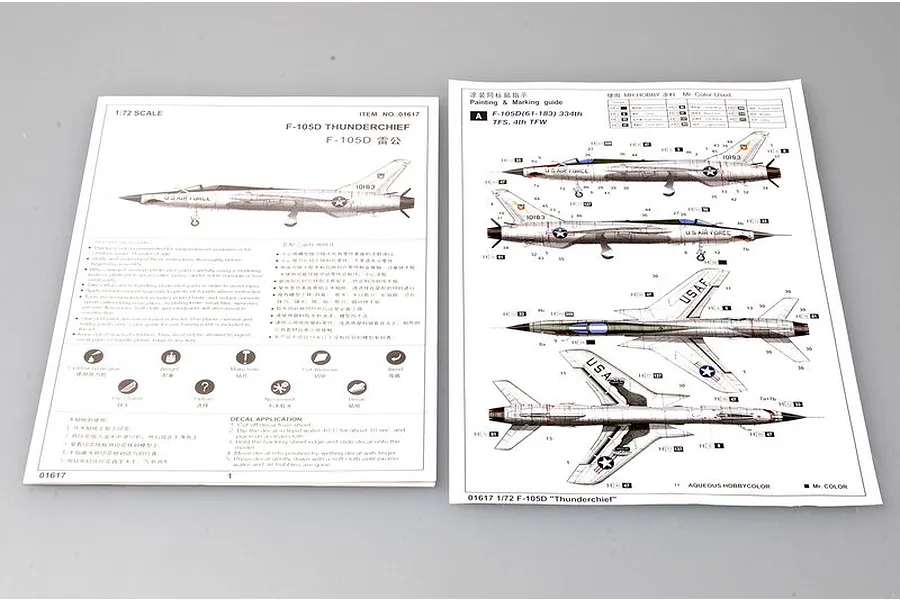 Instruction manual and painting guide for Trumpeter 1/72 scale F-105D Thunderchief model kit, showing assembly steps and aircraft markings.