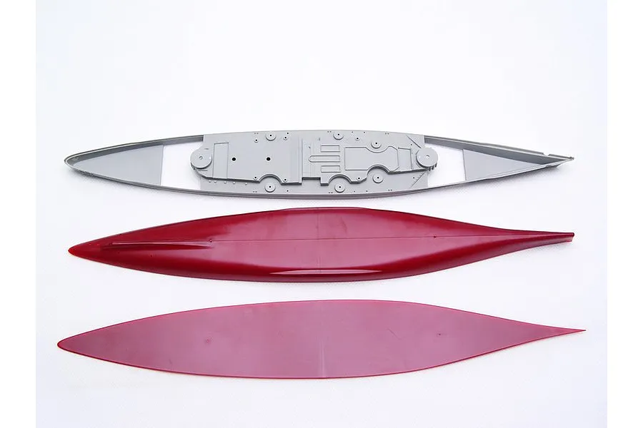 Top-down view of three plastic model ship hull components for a 1/700 scale battleship kit on a white background.