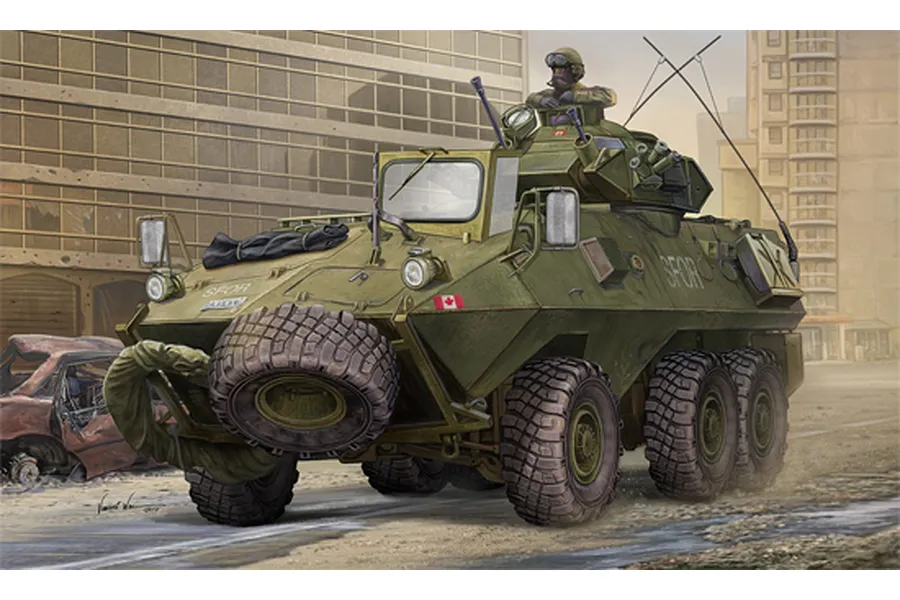 Box art illustration of a Canadian Grizzly AVGP armoured vehicle in a war-torn urban setting with a soldier in the turret.