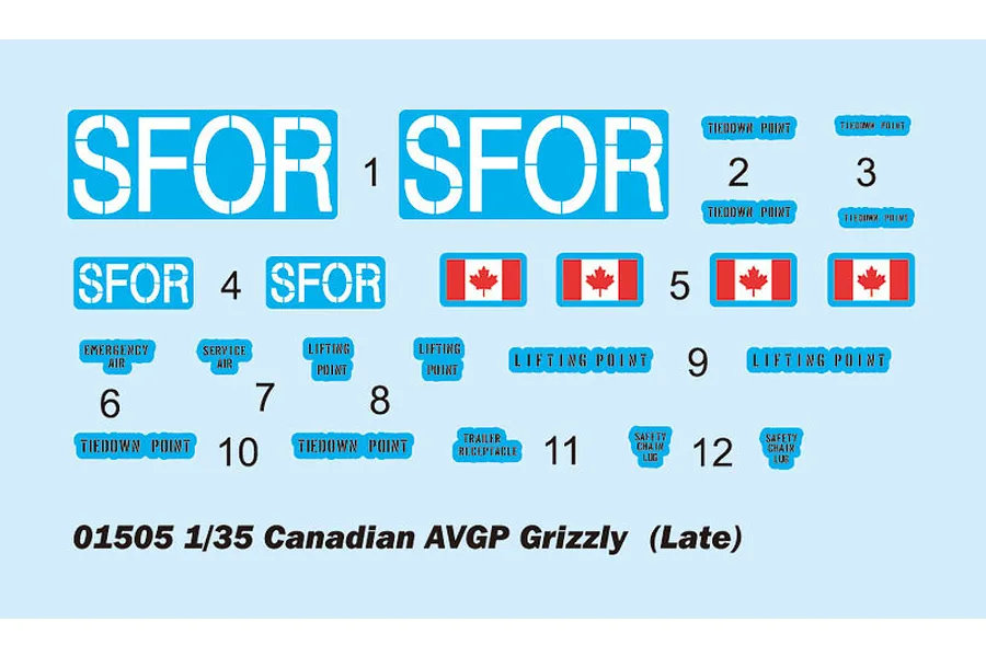 A decal sheet for a 1/35 scale Canadian Grizzly AVGP model kit, featuring SFOR markings, Canadian flags, and various technical labels.