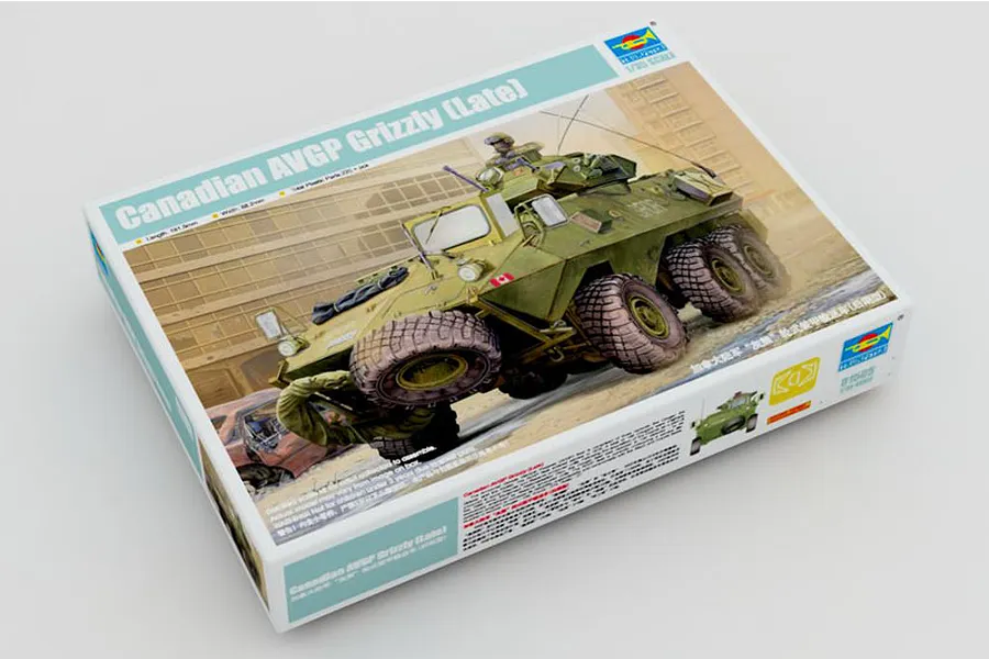 Trumpeter 1/35 scale Canadian Grizzly AVGP model kit box showing artwork of the armoured vehicle in an urban setting.