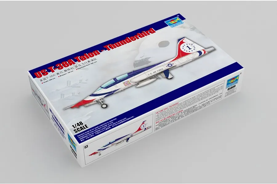 Trumpeter 1/48 scale US T-38A Talon Thunderbird model kit box showing the aircraft in flight and on the ground.