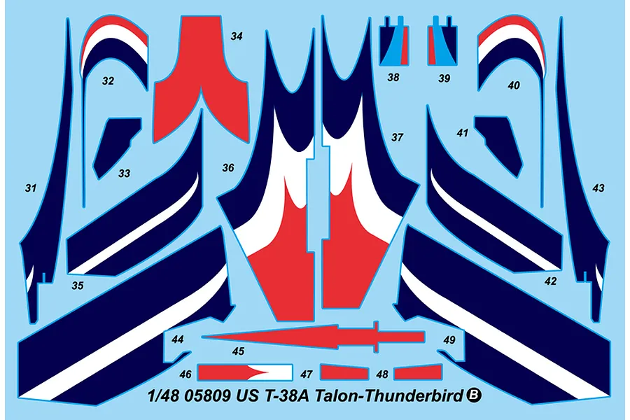 A decal sheet for a 1/48 scale Trumpeter T-38A Talon Thunderbird model kit, featuring red, white, and blue markings with numbered placement guides.