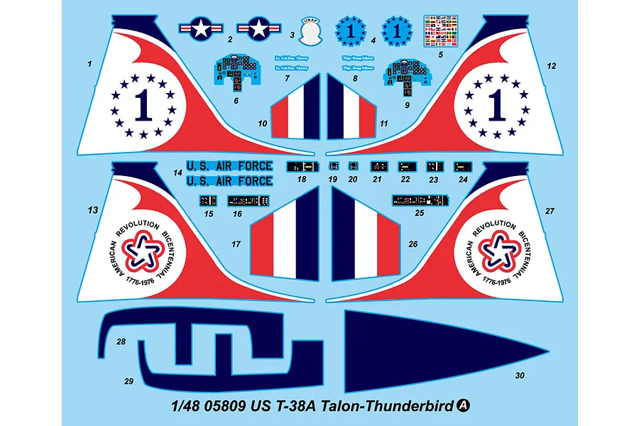 A decal sheet for a 1/48 scale Trumpeter T-38A Talon Thunderbird model kit, featuring various markings, tail art, and cockpit instrument panel details.