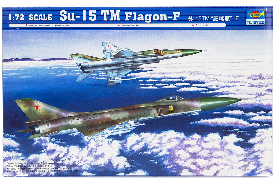 Product box for Trumpeter 1/72 scale Su-15TM Flagon-F model kit featuring an illustration of two fighter jets flying over clouds.