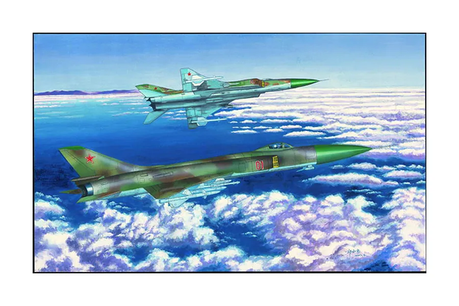 Box art illustration of two Su-15 Flagon jet fighters flying in formation above a cloud layer.