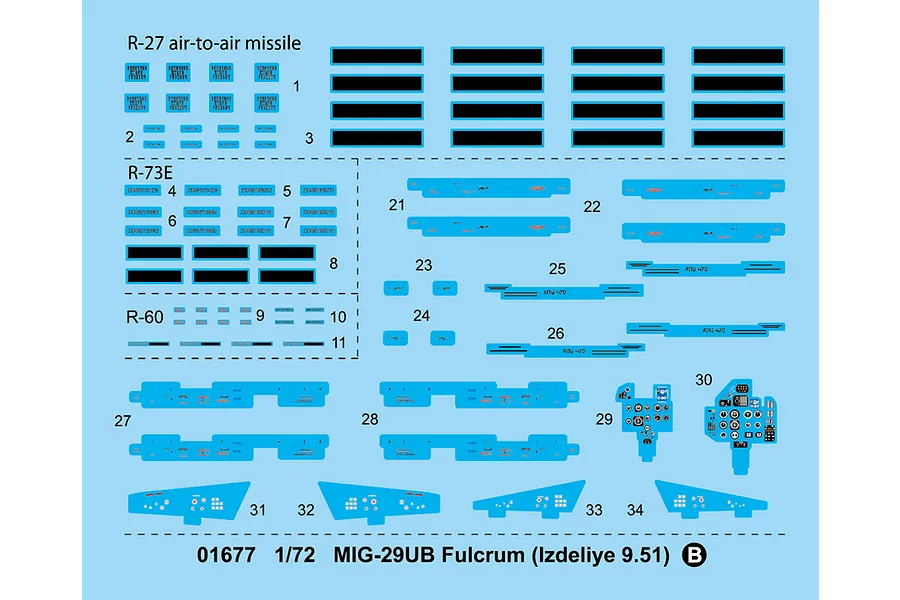 A decal sheet for a 1/72 scale Trumpeter MiG-29UB Fulcrum model kit, featuring various markings, instrument panels, and weapon stencils on a blue background.