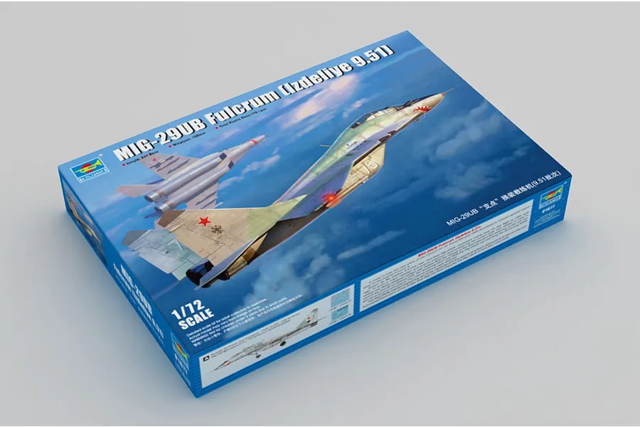 Trumpeter 1/72 scale MiG-29UB Fulcrum plastic model kit box showing artwork of two fighter jets in flight against a blue sky.