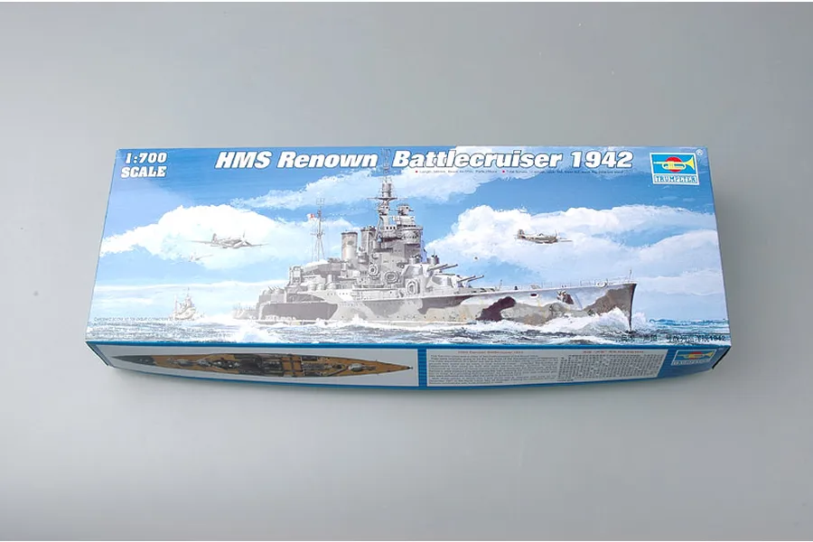 Trumpeter 1/700 scale HMS Renown 1942 Battlecruiser plastic model kit box showing a painting of the ship at sea.