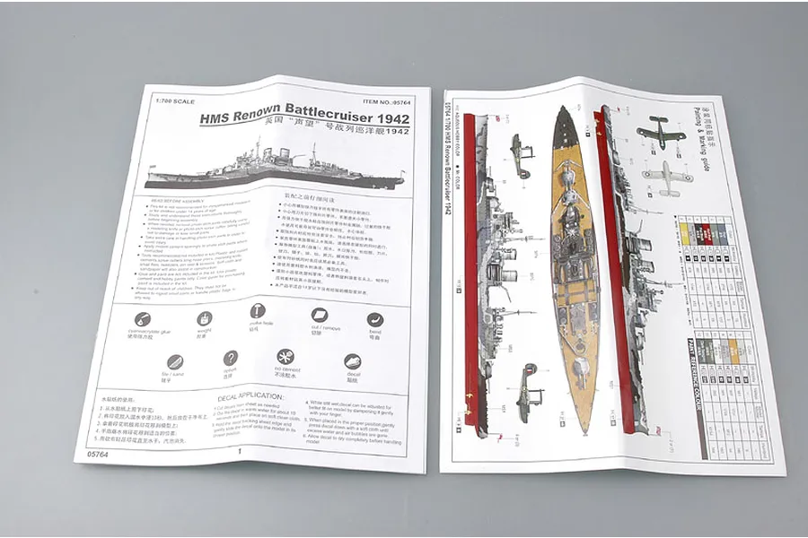 Instruction manual and painting guide for the Trumpeter 1/700 HMS Renown 1942 model kit, laid flat on a grey surface.