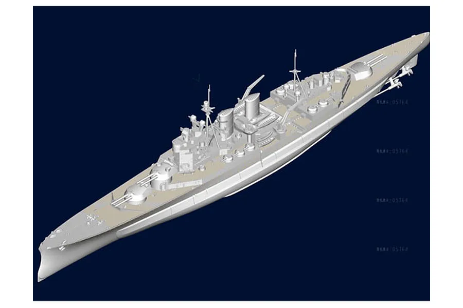 A 3D digital render of the HMS Renown 1942 battle cruiser model kit against a dark blue background.