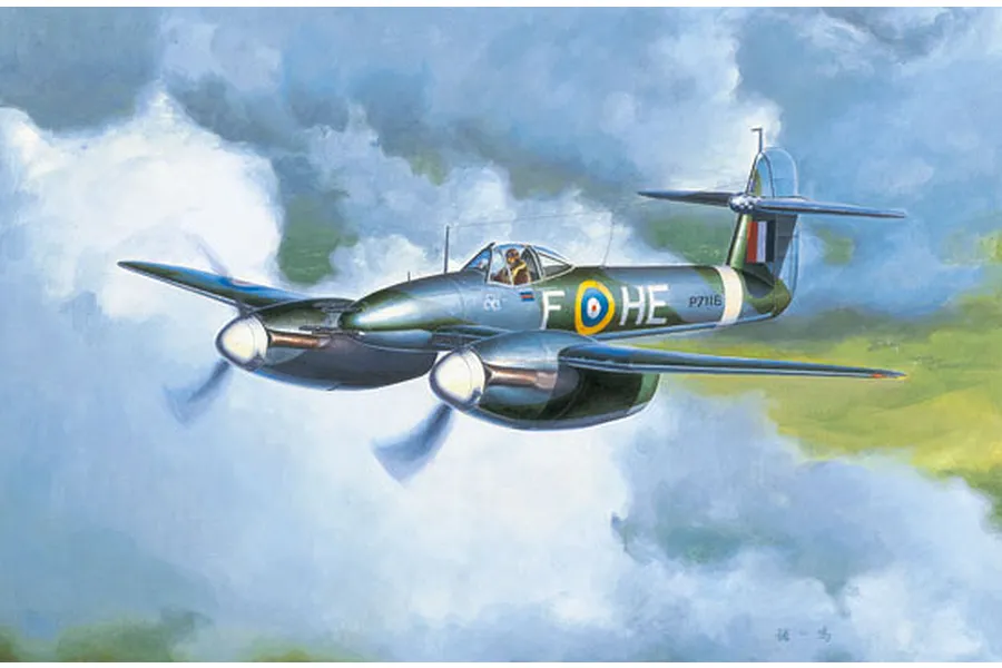 An artistic painting of a Westland Whirlwind fighter aircraft flying through clouds.