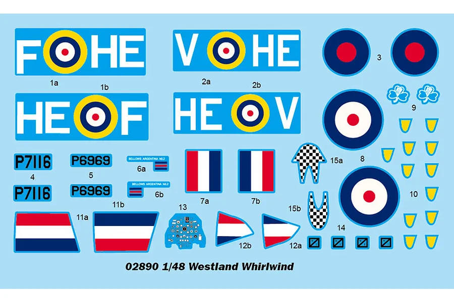 A decal sheet for a 1/48 scale Trumpeter Westland Whirlwind model kit, featuring RAF roundels, squadron codes, and instrument panel markings.