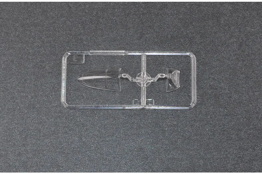 A clear plastic sprue containing the canopy parts for a 1/48 scale model aircraft kit, set against a dark grey textured background.