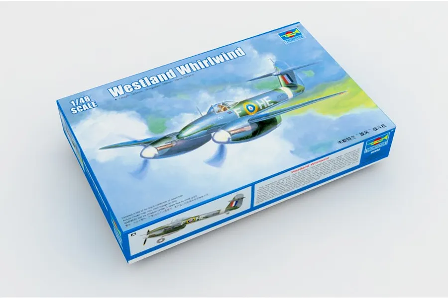 Trumpeter 1/48 scale Westland Whirlwind fighter model kit box showing artwork of the aircraft in flight against a blue sky.