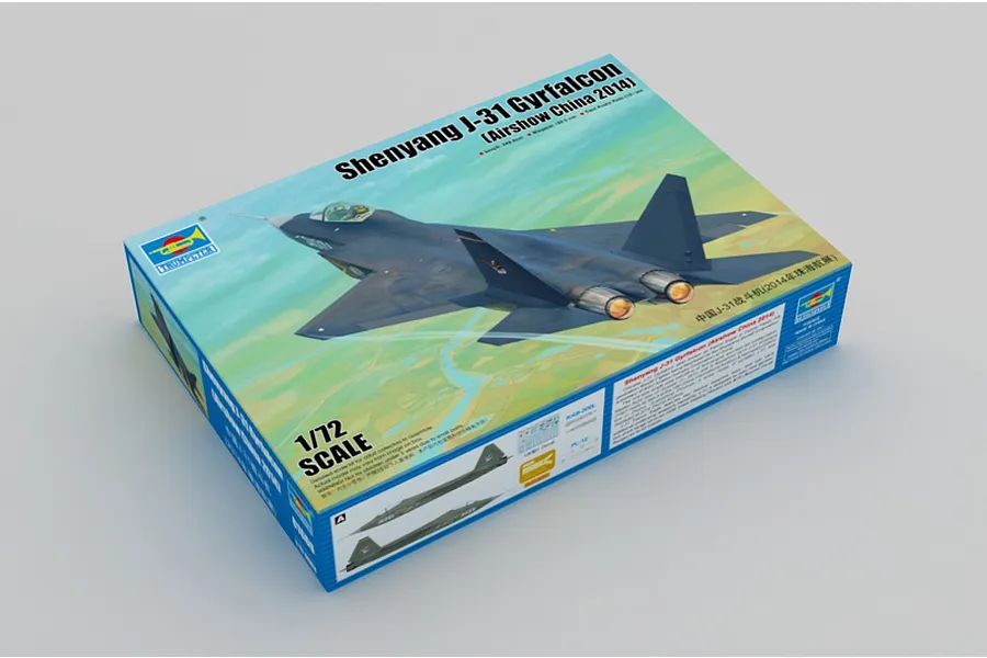 Trumpeter 1/72 scale Shenyang J-31 Gyrfalcon plastic model kit box, featuring artwork of the fighter jet in flight over a landscape.